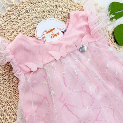 Vestido em Tule com Paetê e Borboletas - Rosa Bebê